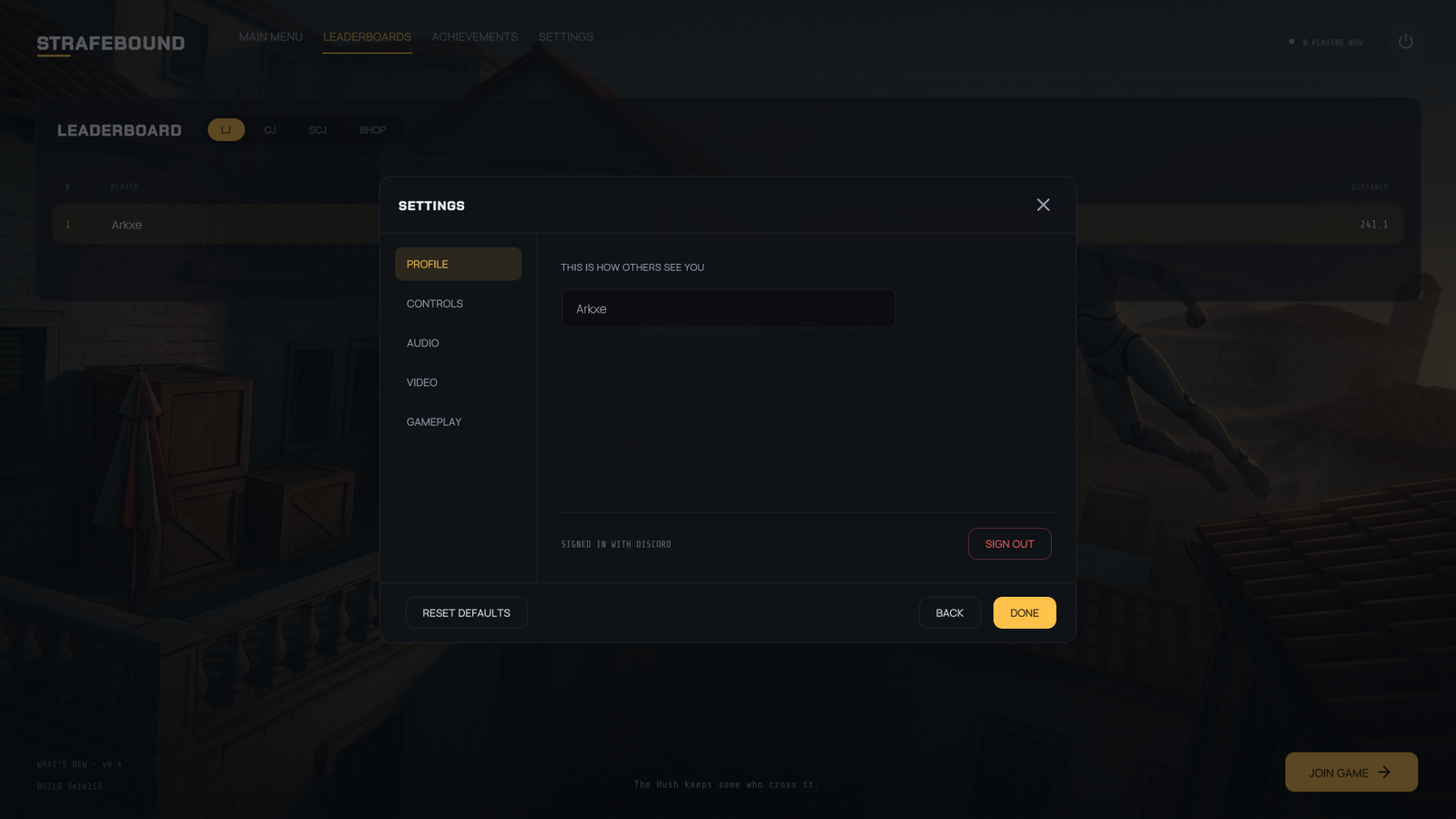 Settings screen with rebindable controls